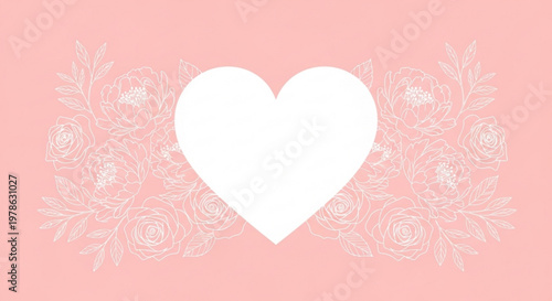 White heart symbol with floral pattern on pink background love and romance concept