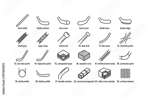 Hockey stick parts with shafts blades grips handles curves and structural components clean monoline outline icon set showing
