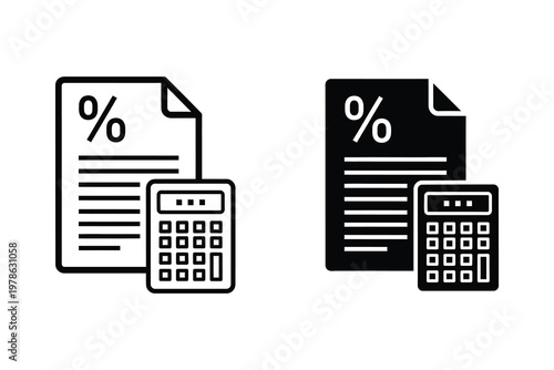 Percentage document and calculator flat icon set, financial calculation vector illustration