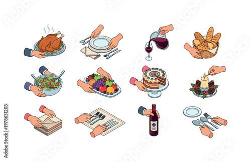 Serving holiday dishes, arranging festive tableware, pouring drinks into glasses, placing bread basket on table, adding salad bowl