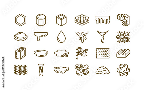 Honey parts with comb cells, hexagons, drips, layers, wax caps, and structural details clean monoline outline icon set showing