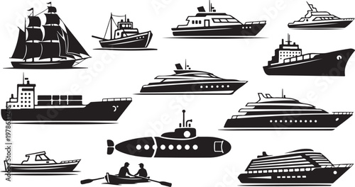 Collection of various boats and ships in black silhouette style