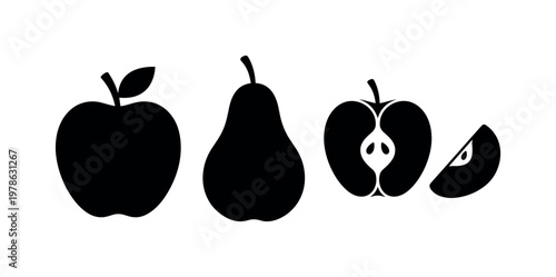 Apple fruit round with stem leaf, pear fruit tapered bottom smooth form, green apple sliced half with core, red apple whole simple