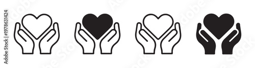 Set of four hand holding heart icons in outline and filled styles black and white.