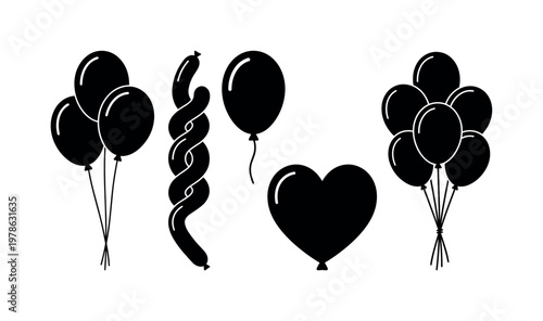 Party balloons round tied strings, long balloon twisted shape, helium balloon oval floating form, bunch of balloons clustered