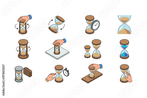 Turning hourglass over, flipping sand timer, measuring time with hourglass, observing sand flow, rotating decorative hourglass,