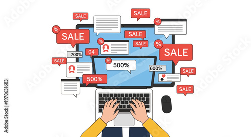 Online shopping deals flood computer screen with sale notifications and user typing on keyboard