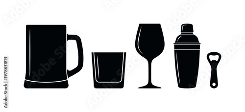 Beer mug large handle glass shape, whiskey glass short tumbler form, wine glass tall stem silhouette, cocktail shaker metal body