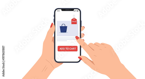 User browses a shopping app and adds a blue bag to the cart during a sale on their smartphone