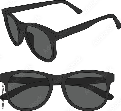 Two black sunglasses, one angled and one front view, on a white background eyewear accessory