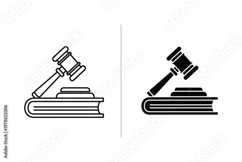 Justice symbol, gavel on book icon in outline and solid style vector illustration