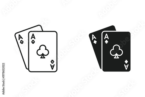 Two Aces of Clubs Playing Cards in Outline and Solid Silhouette Style Vector Illustration