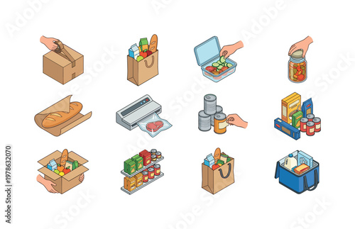 Sealing cardboard box, packing groceries into bag, placing food in container, closing jar lid, wrapping bread loaf, sealing vacuum