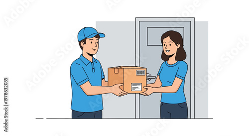 Delivery worker hands over a package to a customer at home during daytime in a residential area