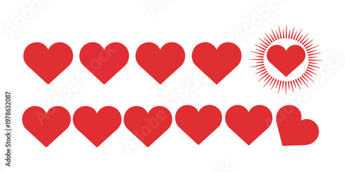 Simple red heart shapes and one decorative heart with radial lines for clean and modern design applications.