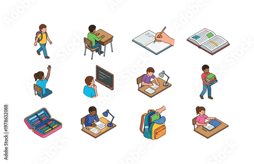 Walking to school with backpack, sitting at school desk, writing in notebook, reading textbook, raising hand in class, listening