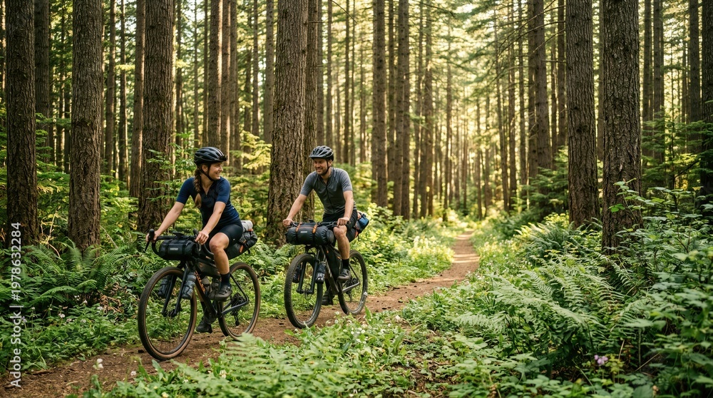 Fototapeta premium Woman and man cyclists riding gravel bikes on trail in forest. Friends bikepacking in nature. Active lifestyle, healthy outdoor activity, sport, travel and workout in woods during summer sunny day