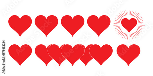 Set of solid red hearts, including a stylized radiant heart design for Valentine's Day and romantic themes.