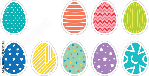 Colorful Patterned Easter Egg Sticker Set with Polka Dots, Stripes, Hearts, and Stars for Seasonal Crafts, Holiday Decorations, and Festive Digital Scrapbooking