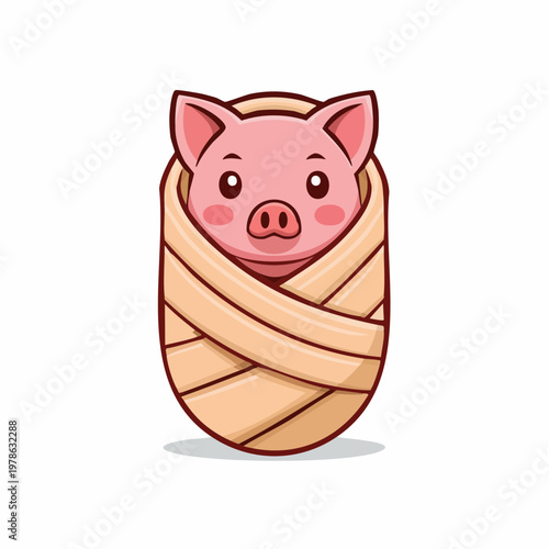 Cute cartoon piglet wrapped in blanket, baby pig illustration