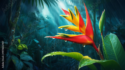 Vibrant Heliconia Flower Shines Amidst Sparkling Raindrops in a Mystical Tropical Rainforest - A Dramatic Digital Art Scene