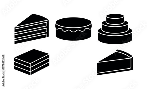 Slice of cake triangular layered piece, whole round cake simple icing top, layered cake multiple tiers form, rectangular cake