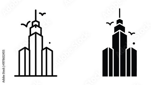 Contrasting architectural styles of iconic skyscrapers with birds flying nearby