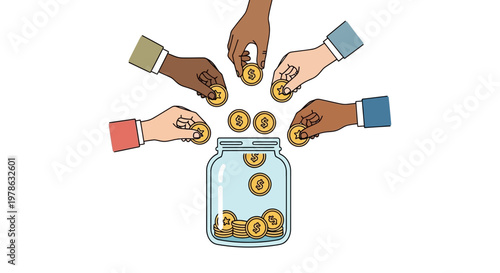 Diverse hands putting coins into jar.