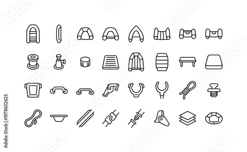 Inflatable boat parts with tubes valves floors seats pumps and structural components clean monoline outline icon set showing