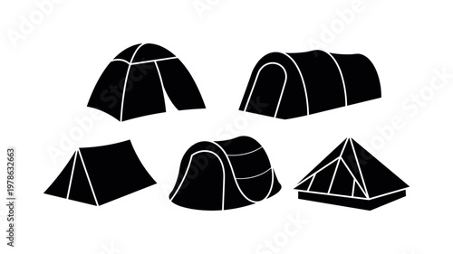 Camping tent dome shape pitched, tunnel tent elongated structure, backpacking tent compact lightweight form, pop up tent instant