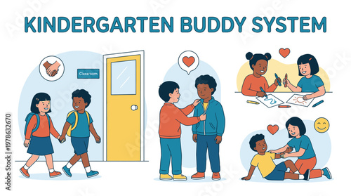 Kindergarten Buddy System Illustration for Young Children.