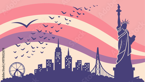 Statue of Liberty stands tall amidst New York City skyline with rainbow background and flying birds