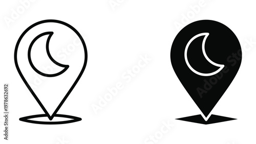 Contrasting map pins featuring crescent moon icons in different color schemes