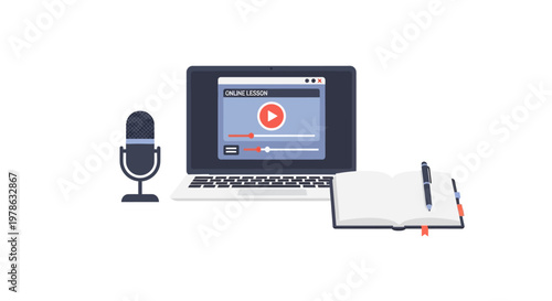 Laptop computer with microphone and notebook.