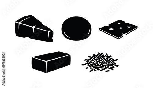 Parmesan cheese wedge triangular chunk, mozzarella cheese ball smooth round, cheese slice flat rectangular piece, cheese block