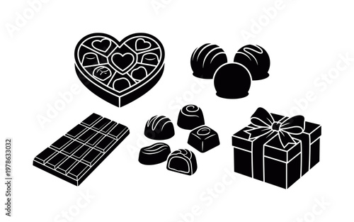 Chocolate box heart shape assortment, chocolate bar rectangular segmented form, truffle chocolate round pieces, chocolate bonbon