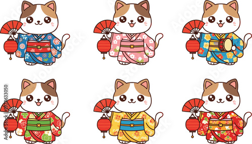 Japanese kimono cat vector illustration with lanterns and fans in colorful traditional designs