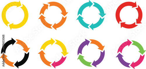 Colorful circular process arrow icons set for business infographic workflow cycle diagram recurring update reload synchronizing rotation symbols isolated on white background.