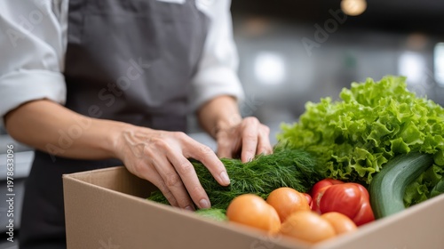Chef Sort Fresh Produce in Box, Healthy Ingredient Delivery, Close Up View