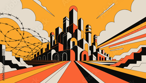 Futuristic cityscape with barbed wire and abstract architectural elements in orange, black, and white hues, set against a vibrant yellow sky with clouds and sleek lines radiating from the center.