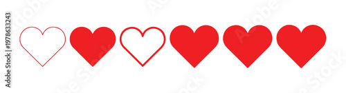 Collection of red hearts outline and solid shapes in varying sizes on transparent backdrop.