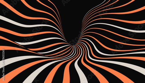 Swirling orange and white lines create a mesmerizing optical illusion on a black background with a hypnotic spiral pattern that draws the viewer in with dynamic energy and movement.