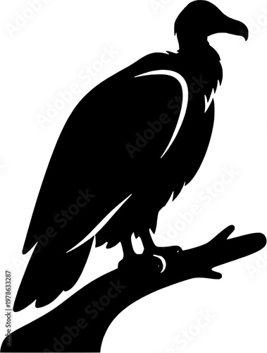 Vulture Silhouette Perched on Branch Minimal Vector Illustration