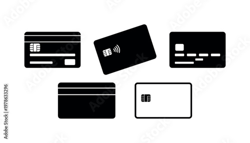 Credit card front view with chip and magnetic stripe, contactless card angled tap gesture symbol, debit card with minimal emboss