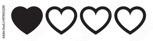 Black heart shape and outlines on transparent background variety of styles for design.
