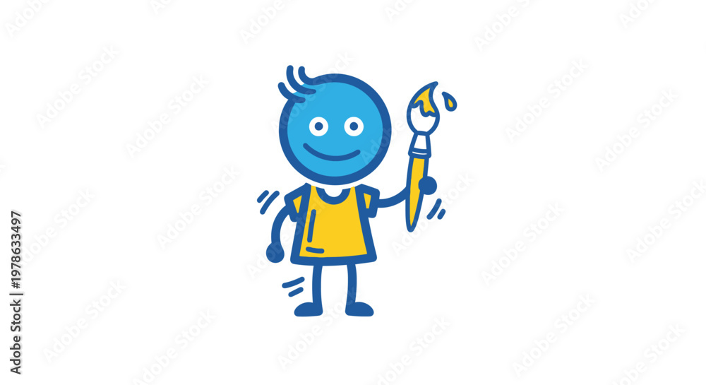 Fototapeta premium Smiling blue cartoon character with wrench.