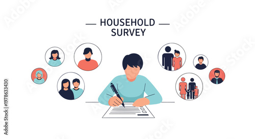 Household survey, people icons, research illustration, vector graphic