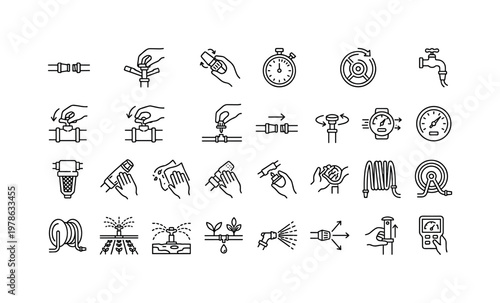 Irrigation usage with watering, connecting, turning on, adjusting, spraying, and monitoring systems clean monoline outline icon