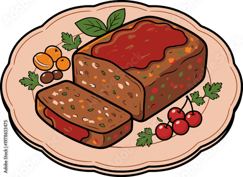 Illustration of meatloaf with fresh fruit on a plate