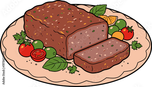 Vector illustration of salami and cheese with assorted food items like meatloaf, tomato, and salad on a plate isolated on a white background
